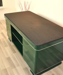 Classic Art Deco desk, chromefittings, Jaguar Green Edition, compartement with a mirror, topplate made of Alcantara-leather