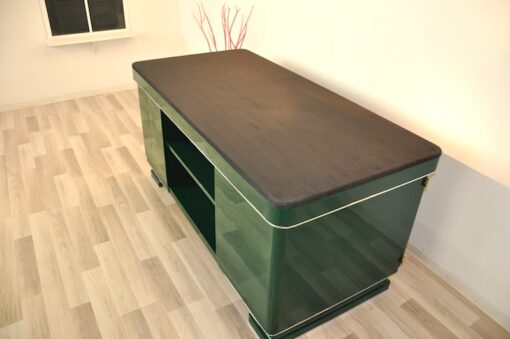 Classic Art Deco desk, chromefittings, Jaguar Green Edition, compartement with a mirror, topplate made of Alcantara-leather