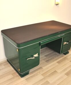 Classic Art Deco desk, chromefittings, Jaguar Green Edition, compartement with a mirror, topplate made of Alcantara-leather