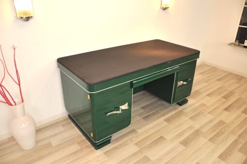 Classic Art Deco desk, chromefittings, Jaguar Green Edition, compartement with a mirror, topplate made of Alcantara-leather