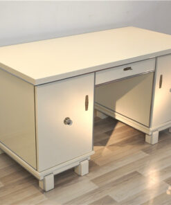 Classic Art Deco desk, snow white, 2 swingdoors, clean interior, chromebars, chromefittings, handpolished, free adjustable