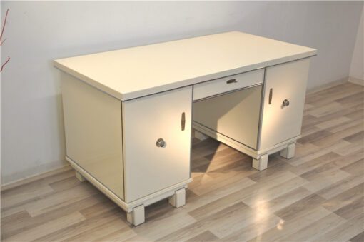 Classic Art Deco desk, snow white, 2 swingdoors, clean interior, chromebars, chromefittings, handpolished, free adjustable