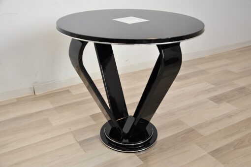 Art Deco Crone Sidetable, Metalapplications on the topplate, rotating chromebars, handpolished, highgloss black