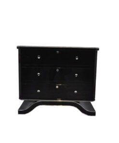 France 1940s, rare curved foot, 3 big drawers with original keys, chromehandles, paintjob in highgloss black or metallic red