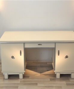 Classic Art Deco desk, snow white, 2 swingdoors, clean interior, chromebars, chromefittings, handpolished, free adjustable