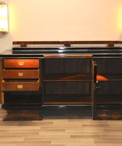 Art Deco Sideboard, highgloss, chromefittings, walnut wood, formed back ornamentation, curved feet