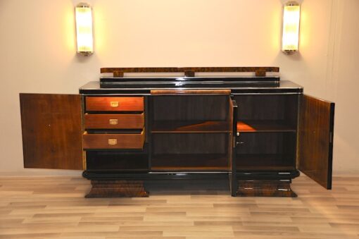 Art Deco Sideboard, highgloss, chromefittings, walnut wood, formed back ornamentation, curved feet