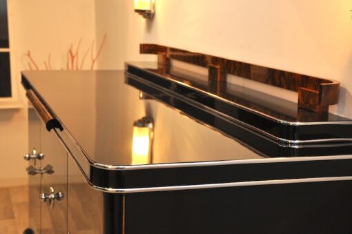 Art Deco Sideboard, highgloss, chromefittings, walnut wood, formed back ornamentation, curved feet