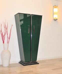 Art Deco Console, Tulipbody, painted interior&exterior, stairfoot, glasshelves, mirror backpanel, chromefittings