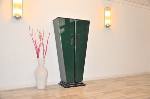 Art Deco Console, Tulipbody, painted interior&exterior, stairfoot, glasshelves, mirror backpanel, chromefittings