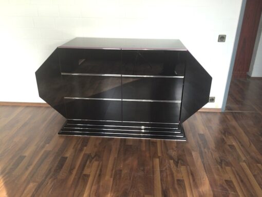 Art Deco Sideboard, wonderful body shape, 6 drawers, chromebars, highgloss pianolacquer, french stairfoot, sidepanels with wing doors