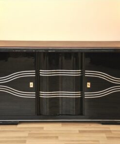 Art Deco Sideboard, wonderful straight body with rounded corners, highgloss black, big chromebars, hand polished, leatherplate, plenty of storage space