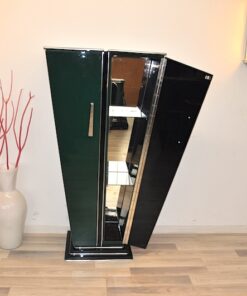 Art Deco Console, Tulipbody, painted interior&exterior, stairfoot, glasshelves, mirror backpanel, chromefittings