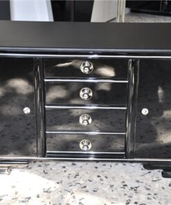 Art Deco Commode, wonderful straight body, curved foot, highloss black , small chromefittings, handpolished, 4 massive drawers, leatherplate