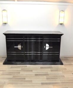 Art Deco SIdeboard, absolute classic, interior painted in NEW YORK yellow, handpolished, highgloss black, chromebars and chromed steelfittings