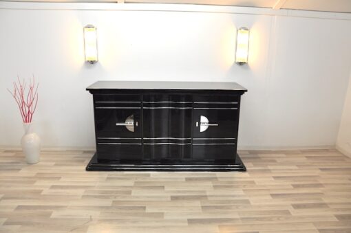 Art Deco SIdeboard, absolute classic, interior painted in NEW YORK yellow, handpolished, highgloss black, chromebars and chromed steelfittings