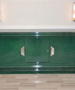 Art Deco sidebaord, racing green highgloss lacquer, wonderful straight body, 2 big swing doors, big chrome fittings, chromebars, handpolished