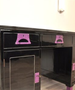 Art Deco Desk, unique Design, pink fittings, pink topplate and feet, clean interior in black, painted backboard