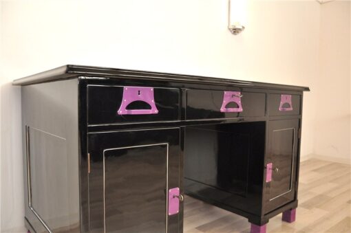 Art Deco Desk, unique Design, pink fittings, pink topplate and feet, clean interior in black, painted backboard