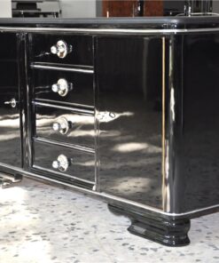 Art Deco Commode, wonderful straight body, curved foot, highloss black , small chromefittings, handpolished, 4 massive drawers, leatherplate