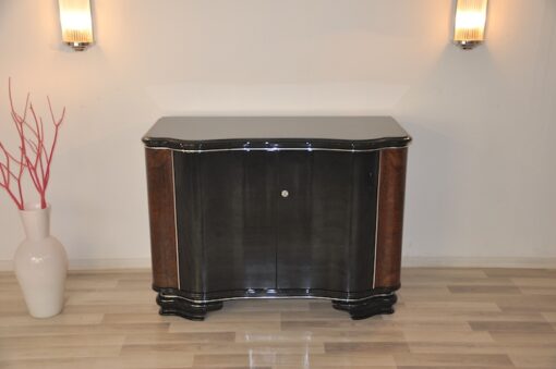 highgloss black, caucasian walnut wood, handpolished, chromebars, 2 big curved swing doors, glassplate