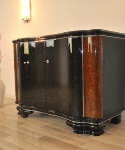 highgloss black, caucasian walnut wood, handpolished, chromebars, 2 big curved swing doors, glassplate