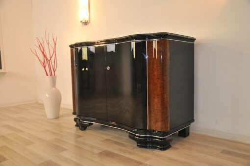 highgloss black, caucasian walnut wood, handpolished, chromebars, 2 big curved swing doors, glassplate