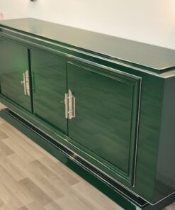 Art Deco sidebaord, racing green highgloss lacquer, wonderful straight body, 2 big swing doors, big chrome fittings, chromebars, handpolished