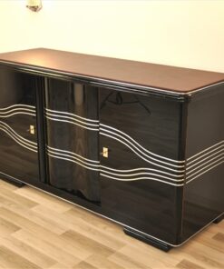 Art Deco Sideboard, wonderful straight body with rounded corners, highgloss black, big chromebars, hand polished, leatherplate, plenty of storage space