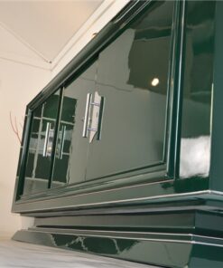 Art Deco sidebaord, racing green highgloss lacquer, wonderful straight body, 2 big swing doors, big chrome fittings, chromebars, handpolished