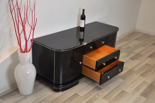 Art Deco Lowboard, France 1940, highgloss, rotating chromebar, 3 drawers