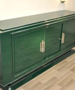 Art Deco sidebaord, racing green highgloss lacquer, wonderful straight body, 2 big swing doors, big chrome fittings, chromebars, handpolished