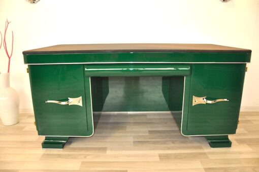 Classic Art Deco desk, chromefittings, Jaguar Green Edition, compartement with a mirror, topplate made of Alcantara-leather