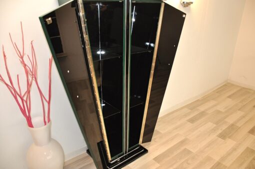 Art Deco Console, Tulipbody, painted interior&exterior, stairfoot, glasshelves, mirror backpanel, chromefittings