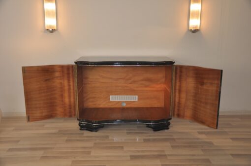 highgloss black, caucasian walnut wood, handpolished, chromebars, 2 big curved swing doors, glassplate