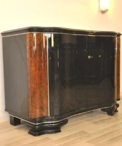 highgloss black, caucasian walnut wood, handpolished, chromebars, 2 big curved swing doors, glassplate