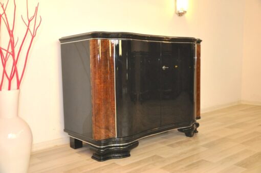 highgloss black, caucasian walnut wood, handpolished, chromebars, 2 big curved swing doors, glassplate