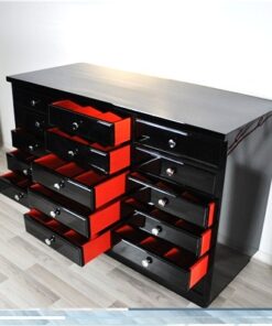 Art Deco chest of drawers, highgloss pianolacquer, chromehandles, red interior