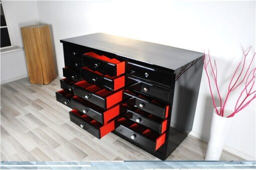 Art Deco chest of drawers, highgloss pianolacquer, chromehandles, red interior