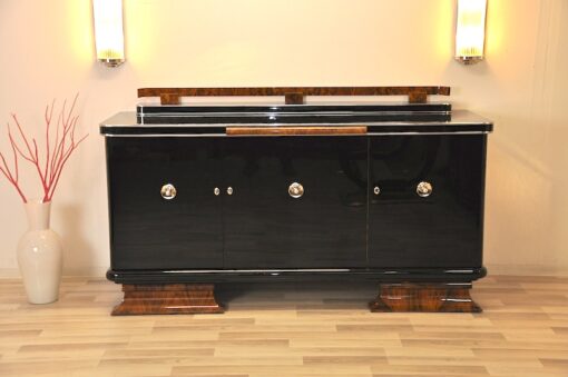 Art Deco Sideboard, highgloss, chromefittings, walnut wood, formed back ornamentation, curved feet