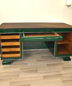 Classic Art Deco desk, chromefittings, Jaguar Green Edition, compartement with a mirror, topplate made of Alcantara-leather