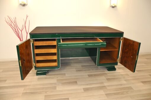 Classic Art Deco desk, chromefittings, Jaguar Green Edition, compartement with a mirror, topplate made of Alcantara-leather