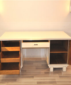 Classic Art Deco desk, snow white, 2 swingdoors, clean interior, chromebars, chromefittings, handpolished, free adjustable