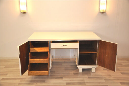 Classic Art Deco desk, snow white, 2 swingdoors, clean interior, chromebars, chromefittings, handpolished, free adjustable