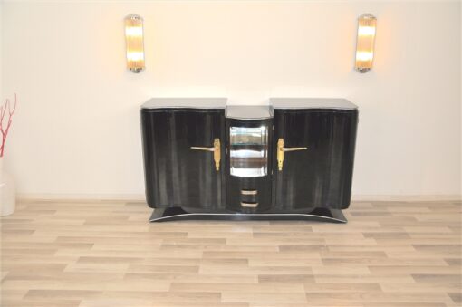 Art Deco Sideboard, original fittings, pianolacquer, handolished, curved glasdoor