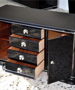 Art Deco Commode, wonderful straight body, curved foot, highloss black , small chromefittings, handpolished, 4 massive drawers, leatherplate