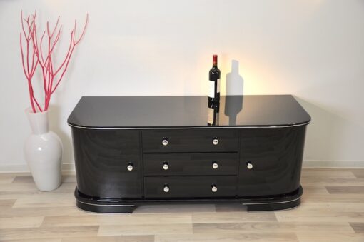 Art Deco Lowboard, France 1940, highgloss, rotating chromebar, 3 drawers