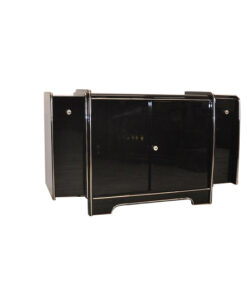 Art Deco Sideboard, mirrored back plate, red bar extensions on both sides, 3 shelves, highglossblack with chrome applications