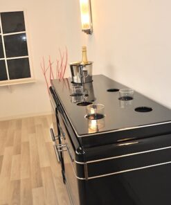 Art Deco Bar, highgloss black, handpolished , unique Design, chromebars, massive chromed steelfittings, big curved feet