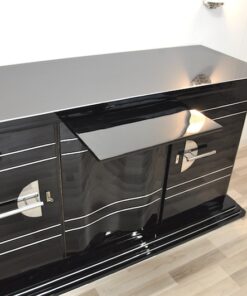 Art Deco SIdeboard, absolute classic, interior painted in NEW YORK yellow, handpolished, highgloss black, chromebars and chromed steelfittings